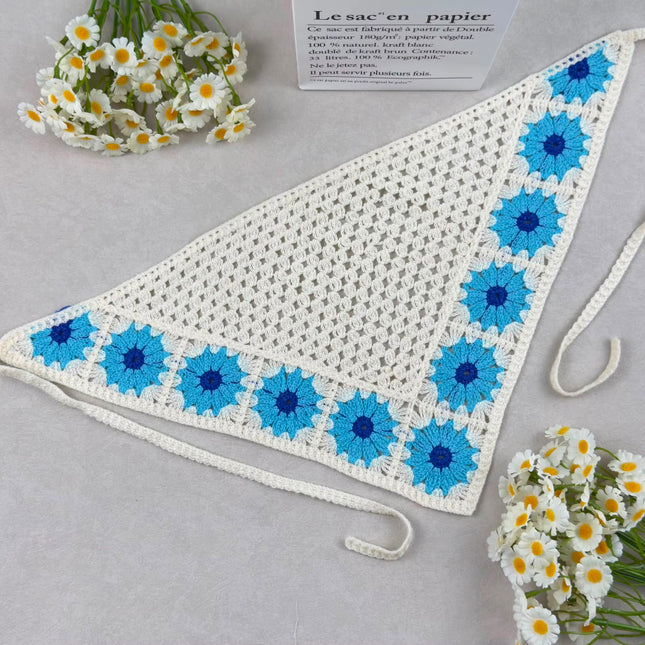 Handmade Blue Floral Crochet Triangle Head Scarf Bandana for Women & Girls | Korean Daisy Knit Hair Wrap Headband with Tie-Up Straps (VT-110)