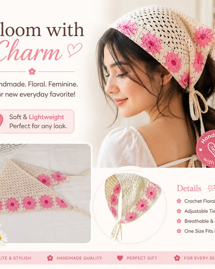Handmade Pink Floral Crochet Triangle Head Scarf Bandana for Women & Girls | Korean Daisy Knit Hair Wrap Headband with Tie-Up Straps (VT-111)