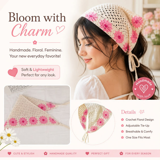 Handmade Pink Floral Crochet Triangle Head Scarf Bandana for Women & Girls | Korean Daisy Knit Hair Wrap Headband with Tie-Up Straps (VT-111)