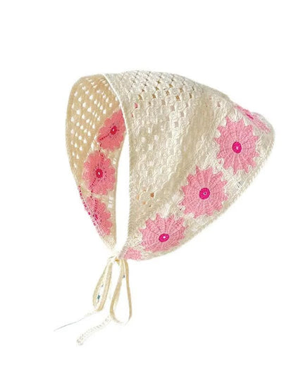 Handmade Pink Floral Crochet Triangle Head Scarf Bandana for Women & Girls | Korean Daisy Knit Hair Wrap Headband with Tie-Up Straps (VT-111)