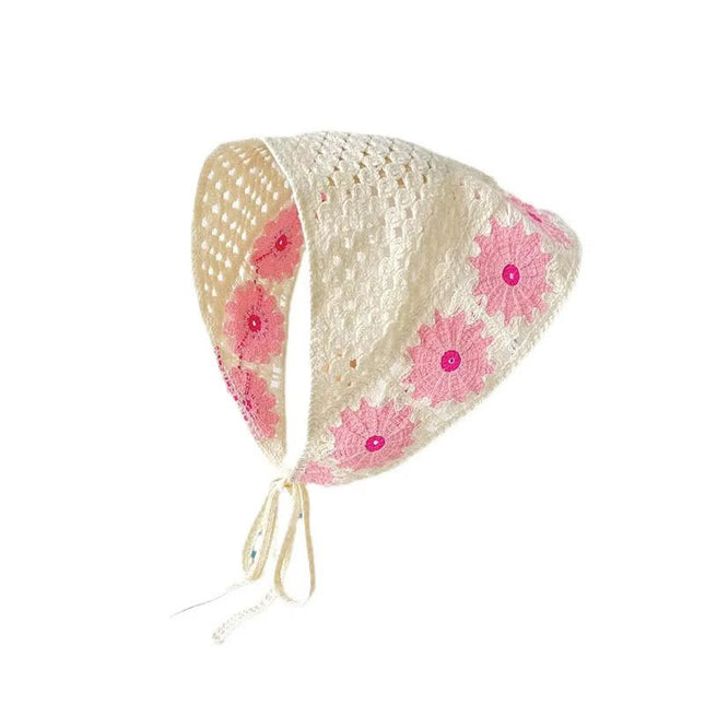 Handmade Pink Floral Crochet Triangle Head Scarf Bandana for Women & Girls | Korean Daisy Knit Hair Wrap Headband with Tie-Up Straps (VT-111)