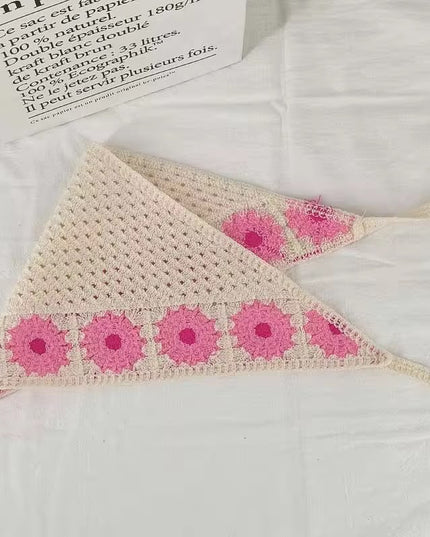 Handmade Pink Floral Crochet Triangle Head Scarf Bandana for Women & Girls | Korean Daisy Knit Hair Wrap Headband with Tie-Up Straps (VT-111)