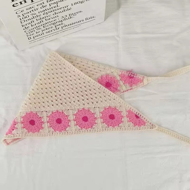 Handmade Pink Floral Crochet Triangle Head Scarf Bandana for Women & Girls | Korean Daisy Knit Hair Wrap Headband with Tie-Up Straps (VT-111)