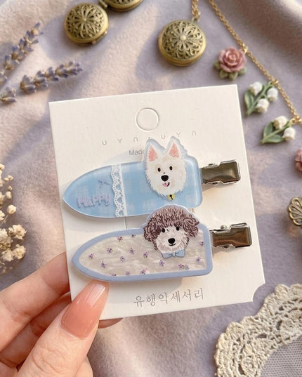 Korean Cute Cartoon Dog Hair Clips for Girls & Women – Acrylic Duckbill Hair Pins Set of 2 (Blue & Lavender) (VT-112)