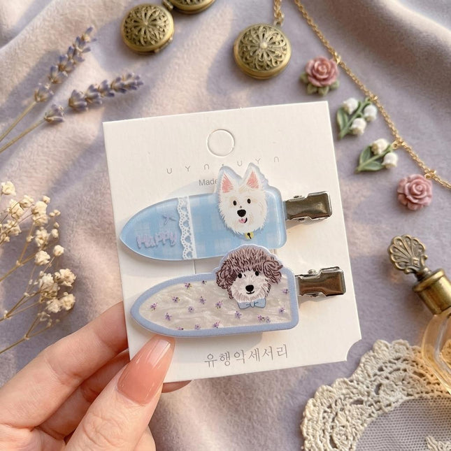 Korean Cute Cartoon Dog Hair Clips for Girls & Women – Acrylic Duckbill Hair Pins Set of 2 (Blue & Lavender) (VT-112)