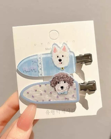 Korean Cute Cartoon Dog Hair Clips for Girls & Women – Acrylic Duckbill Hair Pins Set of 2 (Blue & Lavender) (VT-112)