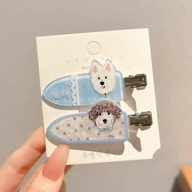 Korean Cute Cartoon Dog Hair Clips for Girls & Women – Acrylic Duckbill Hair Pins Set of 2 (Blue & Lavender) (VT-112)