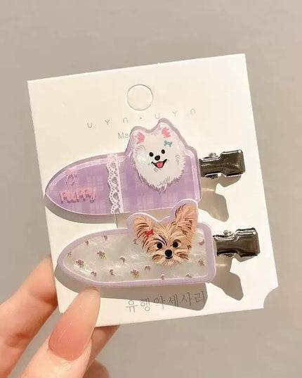 Korean Cute Cartoon Dog Hair Clips for Girls & Women – Acrylic Duckbill Hair Pins Set of 2 (Purple & Shimmer Floral) (VT-113)