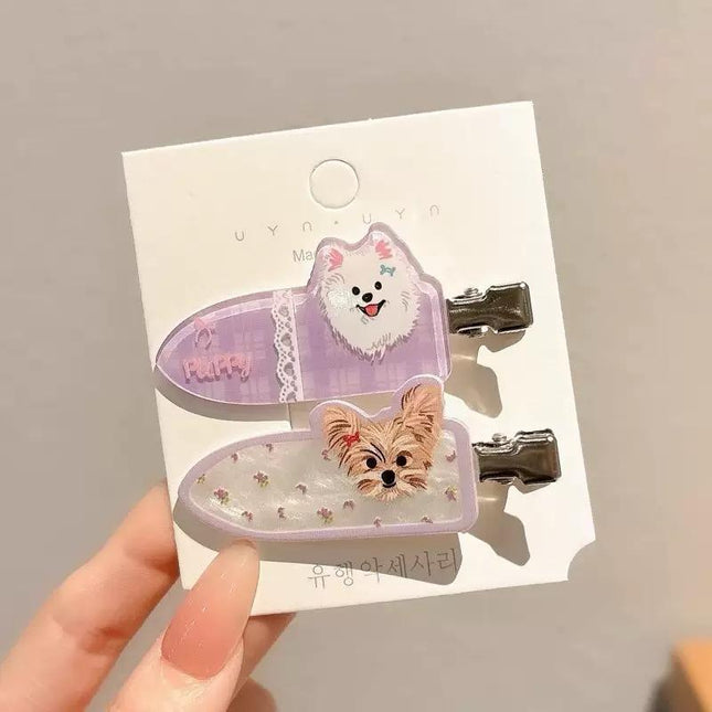 Korean Cute Cartoon Dog Hair Clips for Girls & Women – Acrylic Duckbill Hair Pins Set of 2 (Purple & Shimmer Floral) (VT-113)