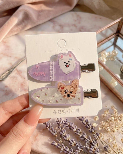 Korean Cute Cartoon Dog Hair Clips for Girls & Women – Acrylic Duckbill Hair Pins Set of 2 (Purple & Shimmer Floral) (VT-113)
