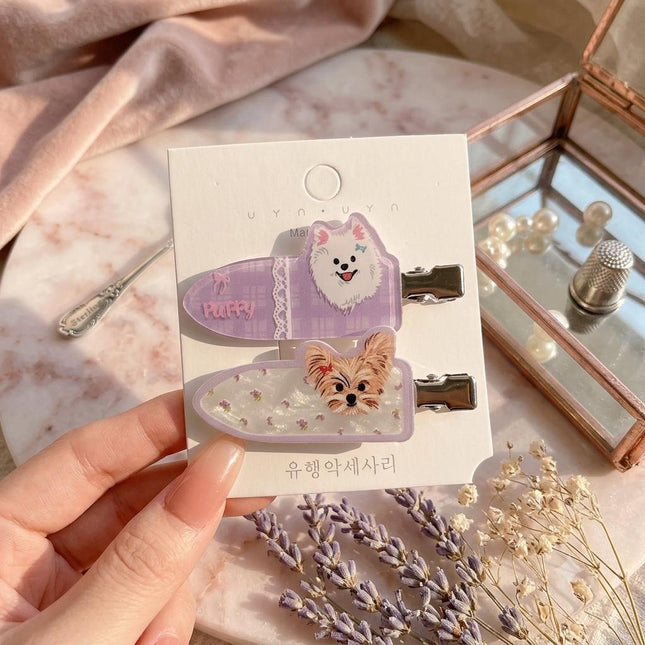 Korean Cute Cartoon Dog Hair Clips for Girls & Women – Acrylic Duckbill Hair Pins Set of 2 (Purple & Shimmer Floral) (VT-113)