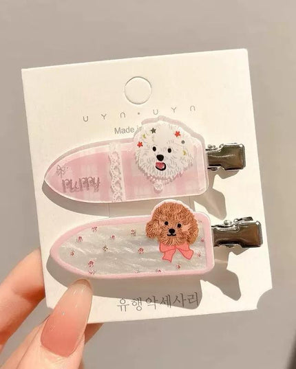 Korean Cute Cartoon Dog Hair Clips for Girls & Women – Acrylic Duckbill Hair Pins Set of 2 (Pink Plaid & Shimmer Floral) (VT-114)