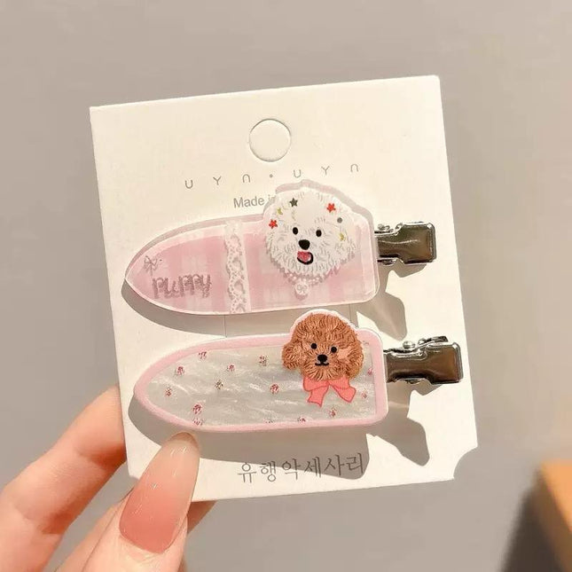 Korean Cute Cartoon Dog Hair Clips for Girls & Women – Acrylic Duckbill Hair Pins Set of 2 (Pink Plaid & Shimmer Floral) (VT-114)