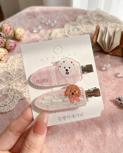 Korean Cute Cartoon Dog Hair Clips for Girls & Women – Acrylic Duckbill Hair Pins Set of 2 (Pink Plaid & Shimmer Floral) (VT-114)