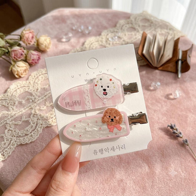 Korean Cute Cartoon Dog Hair Clips for Girls & Women – Acrylic Duckbill Hair Pins Set of 2 (Pink Plaid & Shimmer Floral) (VT-114)