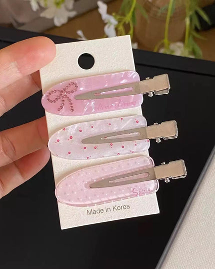 Korean Aesthetic Pink Hair Clips for Girls & Women – Acrylic Duckbill Hair Pins Set of 3 (Bow, Polka Dot & Floral Print) (VT-115)
