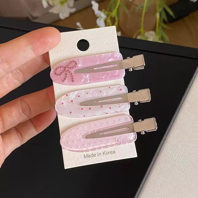 Korean Aesthetic Pink Hair Clips for Girls & Women – Acrylic Duckbill Hair Pins Set of 3 (Bow, Polka Dot & Floral Print) (VT-115)