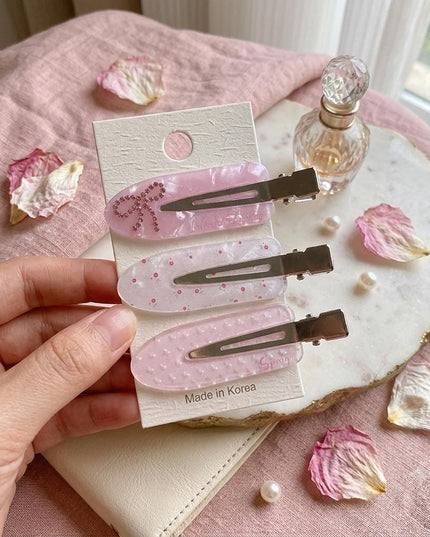 Korean Aesthetic Pink Hair Clips for Girls & Women – Acrylic Duckbill Hair Pins Set of 3 (Bow, Polka Dot & Floral Print) (VT-115)