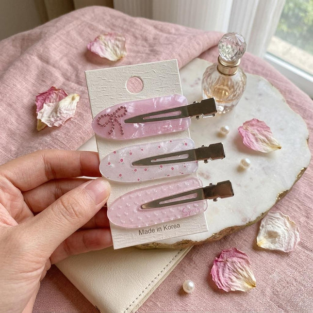 Korean Aesthetic Pink Hair Clips for Girls & Women – Acrylic Duckbill Hair Pins Set of 3 (Bow, Polka Dot & Floral Print) (VT-115)