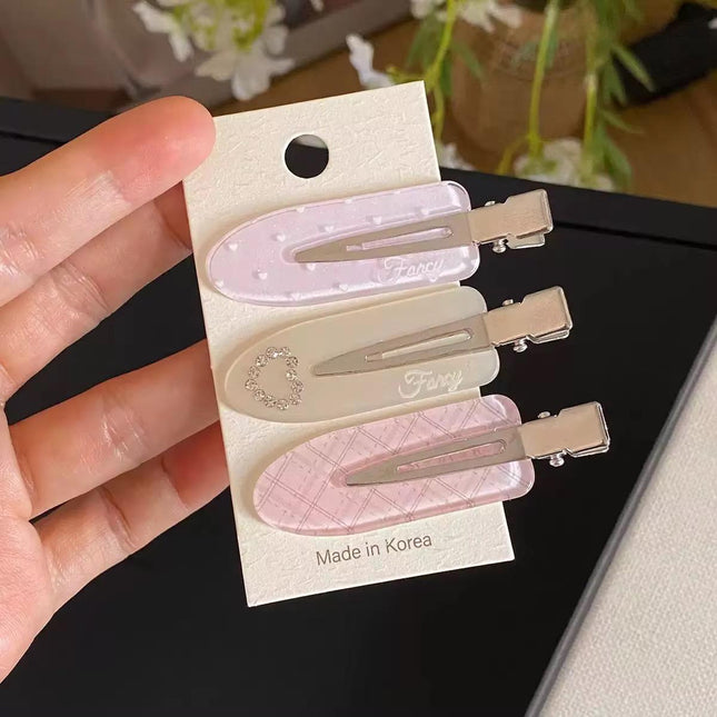 Korean Aesthetic Pastel Hair Clips for Girls & Women – Acrylic Duckbill Hair Pins Set of 3 (Rhinestone Heart, Polka Dot & Plaid) (VT-116)