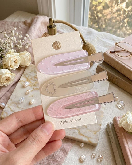Korean Aesthetic Pastel Hair Clips for Girls & Women – Acrylic Duckbill Hair Pins Set of 3 (Rhinestone Heart, Polka Dot & Plaid) (VT-116)