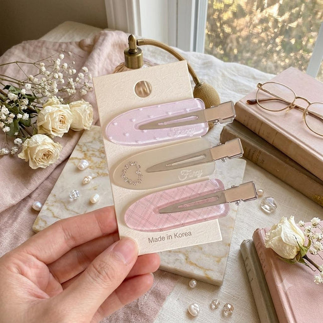 Korean Aesthetic Pastel Hair Clips for Girls & Women – Acrylic Duckbill Hair Pins Set of 3 (Rhinestone Heart, Polka Dot & Plaid) (VT-116)