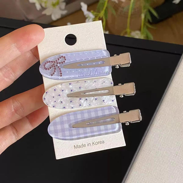 Korean Aesthetic Lavender Purple Hair Clips for Girls & Women – Acrylic Duckbill Hair Pins Set of 3 (Rhinestone Bow, Floral & Plaid) (VT-117)