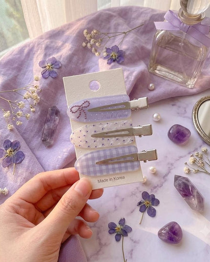 Korean Aesthetic Lavender Purple Hair Clips for Girls & Women – Acrylic Duckbill Hair Pins Set of 3 (Rhinestone Bow, Floral & Plaid) (VT-117)