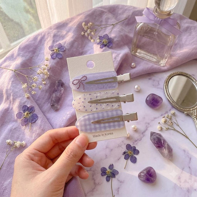 Korean Aesthetic Lavender Purple Hair Clips for Girls & Women – Acrylic Duckbill Hair Pins Set of 3 (Rhinestone Bow, Floral & Plaid) (VT-117)