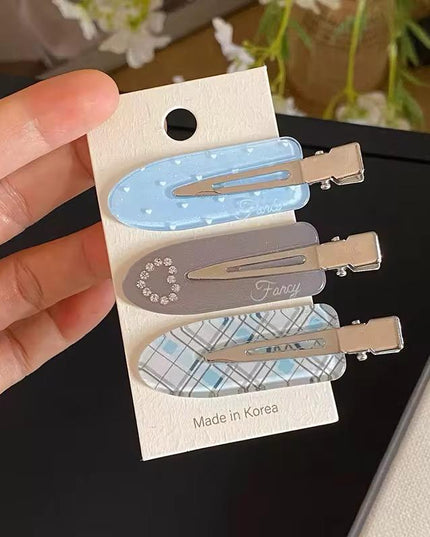Korean Aesthetic Pastel Blue & Grey Hair Clips for Girls & Women – Acrylic Duckbill Hair Pins Set of 3 (Rhinestone Heart, Polka Dot & Plaid) (VT-118)