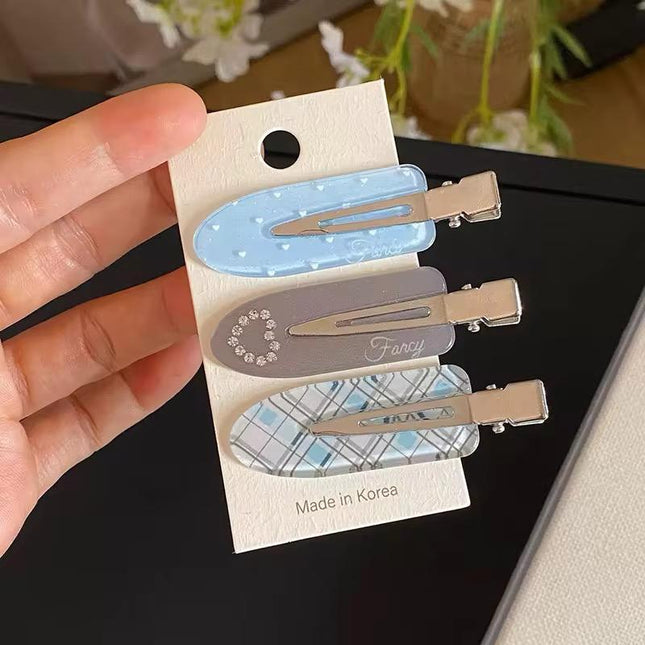 Korean Aesthetic Pastel Blue & Grey Hair Clips for Girls & Women – Acrylic Duckbill Hair Pins Set of 3 (Rhinestone Heart, Polka Dot & Plaid) (VT-118)