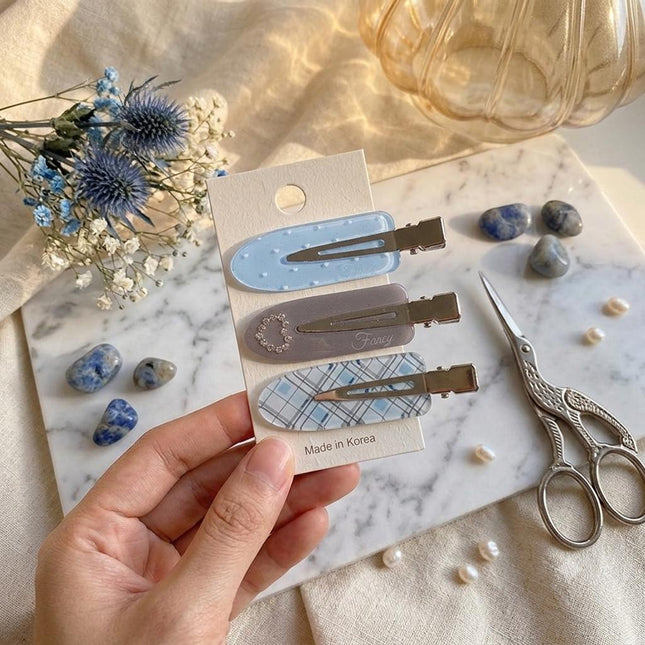 Korean Aesthetic Pastel Blue & Grey Hair Clips for Girls & Women – Acrylic Duckbill Hair Pins Set of 3 (Rhinestone Heart, Polka Dot & Plaid) (VT-118)