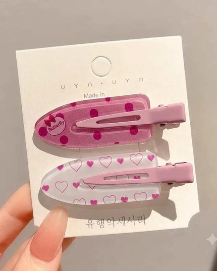 Korean Aesthetic Pink Hair Clips for Girls & Women – Acrylic Duckbill Hair Pins Set of 2 (Polka Dot Bow & Hearts Print) (VT-119)