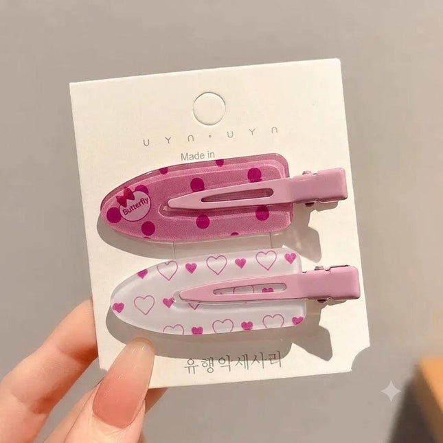 Korean Aesthetic Pink Hair Clips for Girls & Women – Acrylic Duckbill Hair Pins Set of 2 (Polka Dot Bow & Hearts Print) (VT-119)