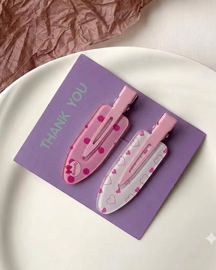 Korean Aesthetic Pink Hair Clips for Girls & Women – Acrylic Duckbill Hair Pins Set of 2 (Polka Dot Bow & Hearts Print) (VT-119)