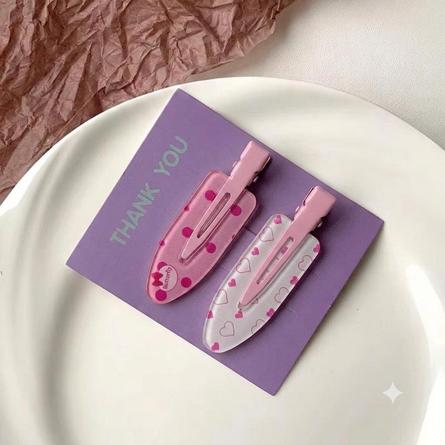 Korean Aesthetic Pink Hair Clips for Girls & Women – Acrylic Duckbill Hair Pins Set of 2 (Polka Dot Bow & Hearts Print) (VT-119)