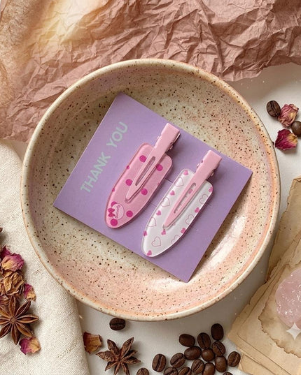 Korean Aesthetic Pink Hair Clips for Girls & Women – Acrylic Duckbill Hair Pins Set of 2 (Polka Dot Bow & Hearts Print) (VT-119)