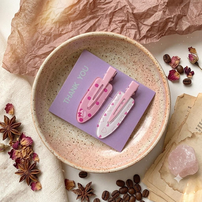 Korean Aesthetic Pink Hair Clips for Girls & Women – Acrylic Duckbill Hair Pins Set of 2 (Polka Dot Bow & Hearts Print) (VT-119)