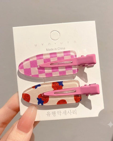 Korean Aesthetic Pink Hair Clips for Girls & Women – Acrylic Duckbill Hair Pins Set of 2 (Strawberry Print & Check Plaid) (VT-120)