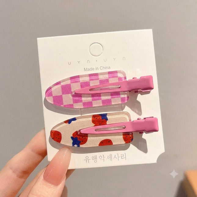 Korean Aesthetic Pink Hair Clips for Girls & Women – Acrylic Duckbill Hair Pins Set of 2 (Strawberry Print & Check Plaid) (VT-120)