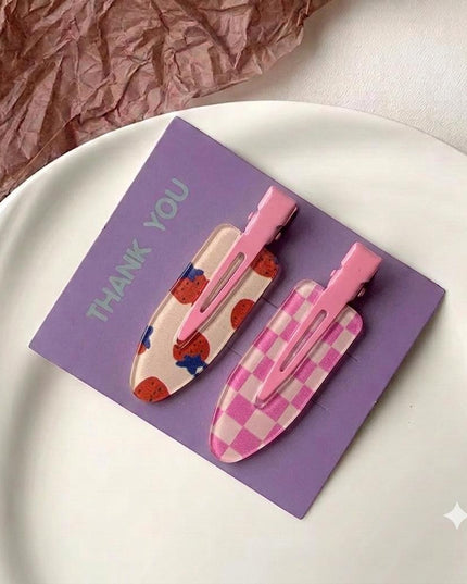 Korean Aesthetic Pink Hair Clips for Girls & Women – Acrylic Duckbill Hair Pins Set of 2 (Strawberry Print & Check Plaid) (VT-120)