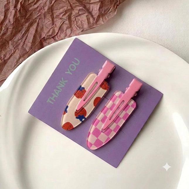 Korean Aesthetic Pink Hair Clips for Girls & Women – Acrylic Duckbill Hair Pins Set of 2 (Strawberry Print & Check Plaid) (VT-120)
