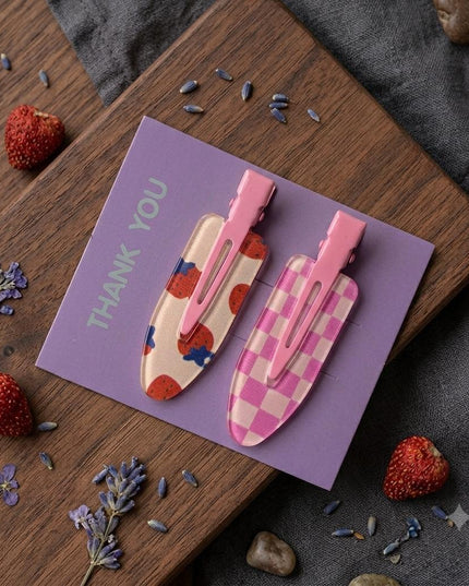 Korean Aesthetic Pink Hair Clips for Girls & Women – Acrylic Duckbill Hair Pins Set of 2 (Strawberry Print & Check Plaid) (VT-120)
