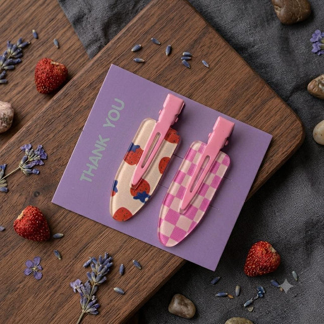 Korean Aesthetic Pink Hair Clips for Girls & Women – Acrylic Duckbill Hair Pins Set of 2 (Strawberry Print & Check Plaid) (VT-120)