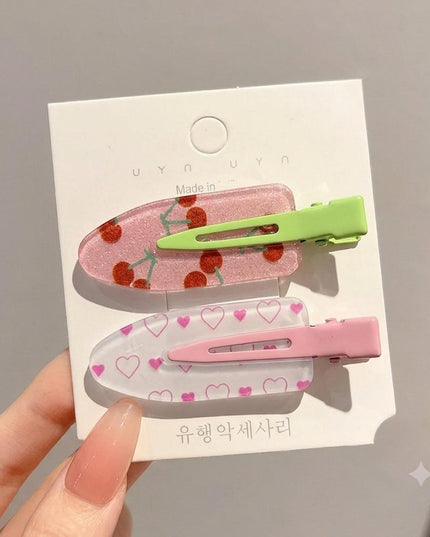 Korean Aesthetic Cherry & Hearts Hair Clips for Girls & Women – Acrylic Duckbill Hair Pins Set of 2 (Pink & Light Green) (VT-121)