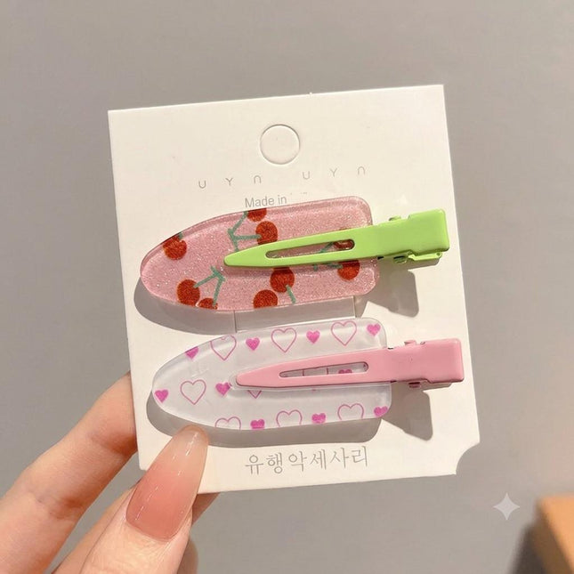 Korean Aesthetic Cherry & Hearts Hair Clips for Girls & Women – Acrylic Duckbill Hair Pins Set of 2 (Pink & Light Green) (VT-121)