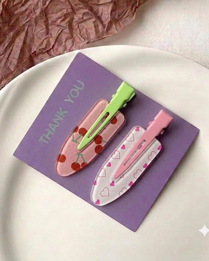 Korean Aesthetic Cherry & Hearts Hair Clips for Girls & Women – Acrylic Duckbill Hair Pins Set of 2 (Pink & Light Green) (VT-121)