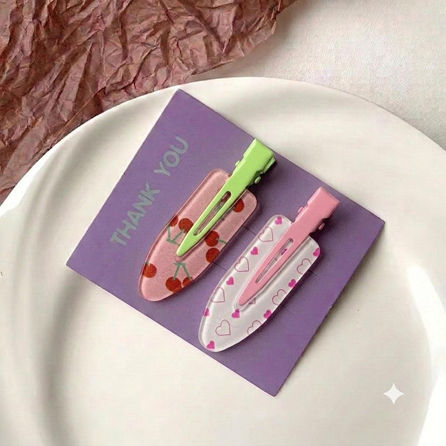 Korean Aesthetic Cherry & Hearts Hair Clips for Girls & Women – Acrylic Duckbill Hair Pins Set of 2 (Pink & Light Green) (VT-121)