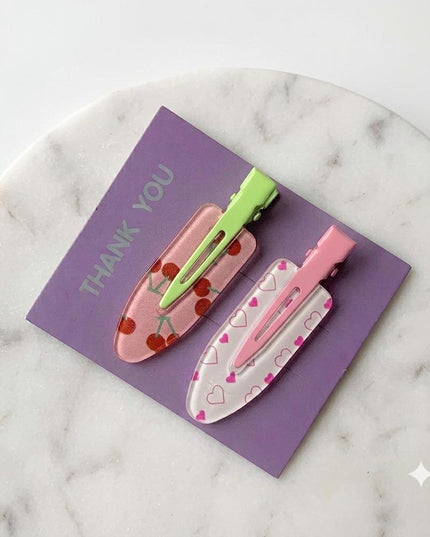 Korean Aesthetic Cherry & Hearts Hair Clips for Girls & Women – Acrylic Duckbill Hair Pins Set of 2 (Pink & Light Green) (VT-121)