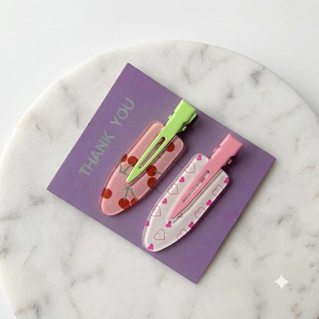 Korean Aesthetic Cherry & Hearts Hair Clips for Girls & Women – Acrylic Duckbill Hair Pins Set of 2 (Pink & Light Green) (VT-121)
